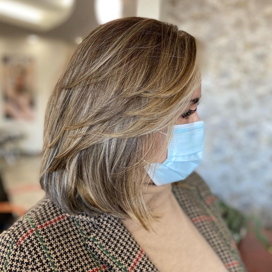 Bronde Lob with Feathered Bangs