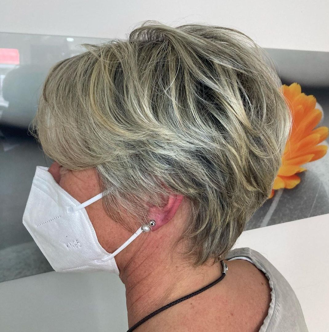 Feathered Blonde Balayage Pixie Over 60