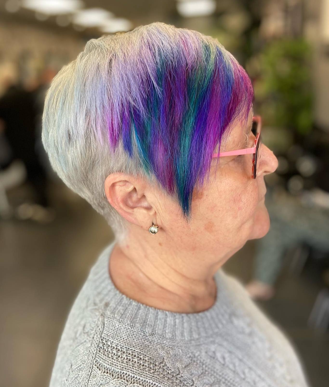 Short Gray Cut with Bright Unicorn Bangs